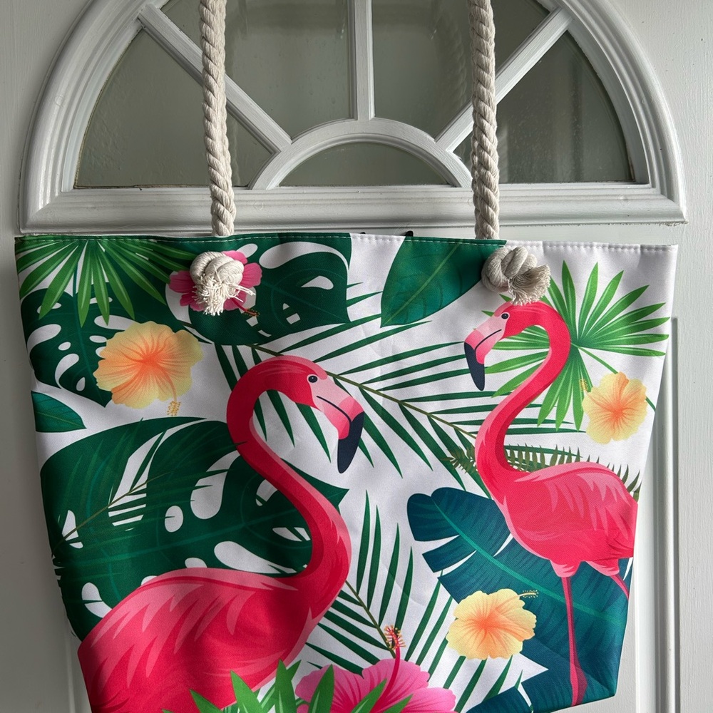 Tropical Flamingo Print Beach Tote - Pink & Green New 21x15 Large